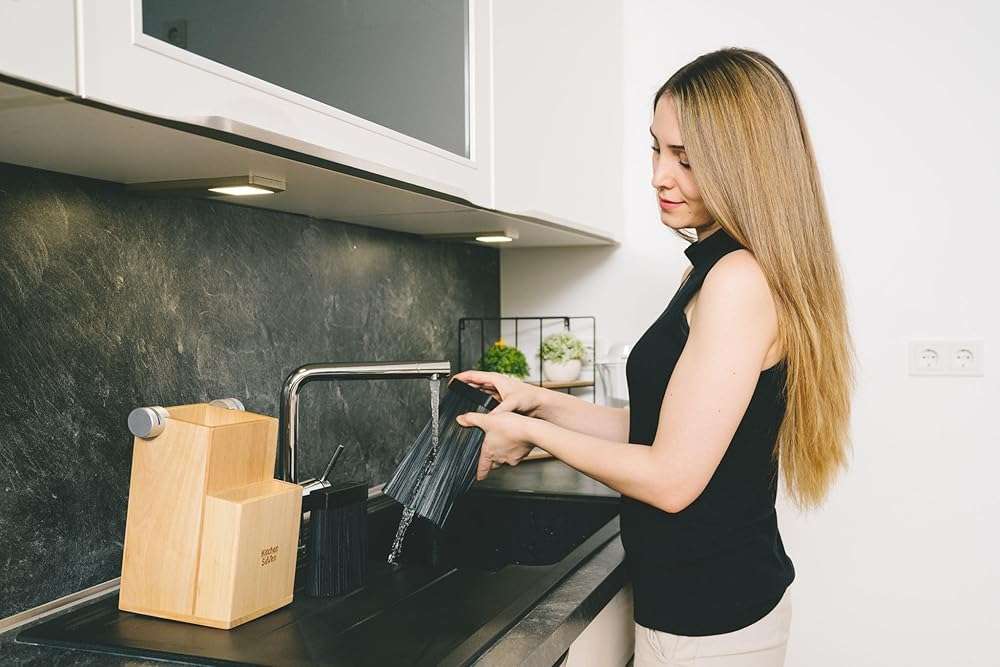 Bamboo Universal Knife Block - Knife Holder with 2 Built-In Knife Sharpeners - 2-Tiered Modern Knife Storage Up to 16 Large and Small Knives Easy Clean Wooden Knife Organizer by Kitchen Seven - Image 6