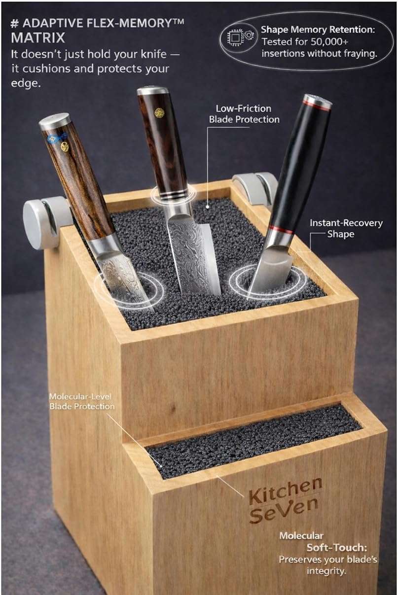 Bamboo Universal Knife Block - Knife Holder with 2 Built-In Knife Sharpeners - 2-Tiered Modern Knife Storage Up to 16 Large and Small Knives Easy Clean Wooden Knife Organizer by Kitchen Seven - Image 7