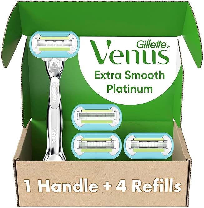 Gillette Venus Razor for Women, Extra Smooth, Includes 1 Reusable Razor Handle + 4 count 5-Bladed Razor Refills, Women's Razor with Durable Metal Handle and Shower Holder - Product Image