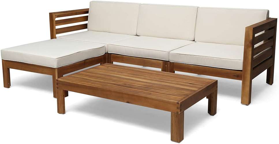 Christopher Knight Home Alice Outdoor 5 Piece Acacia Wood Sofa Set, Teak Finish, Beige - Image 1
