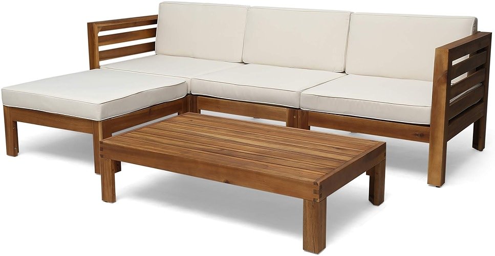 Christopher Knight Home Alice Outdoor 5 Piece Acacia Wood Sofa Set, Teak Finish, Beige - Product Image