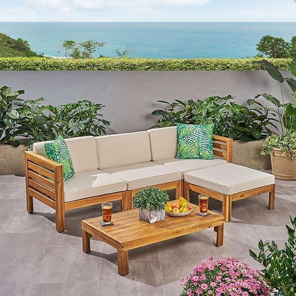 Christopher Knight Home Alice Outdoor 5 Piece Acacia Wood Sofa Set, Teak Finish, Beige - Image 2
