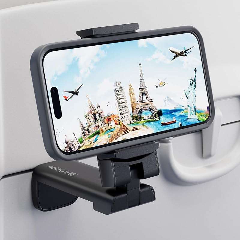 MiiKARE Airplane Travel Essentials Phone Holder, Universal Handsfree Phone Mount for Flying with 360 Degree Rotation, Accessory for Airplane, Travel Must Haves Phone Stand for Desk, Tray Table - Image 1