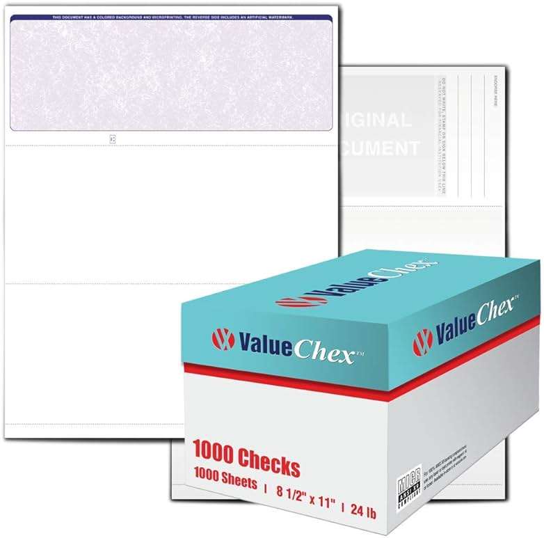VersaCheck ValueChex - 1000 Blank Business Voucher Checks - Blue Classic - 1000 Sheets Form #1000 - Check on Top - Image 1