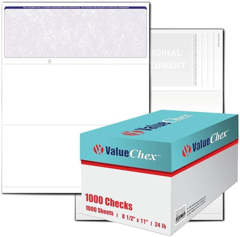 VersaCheck ValueChex - 1000 Blank Business Voucher Checks - Blue Classic - 1000 Sheets Form #1000 - Check on Top - Product Image