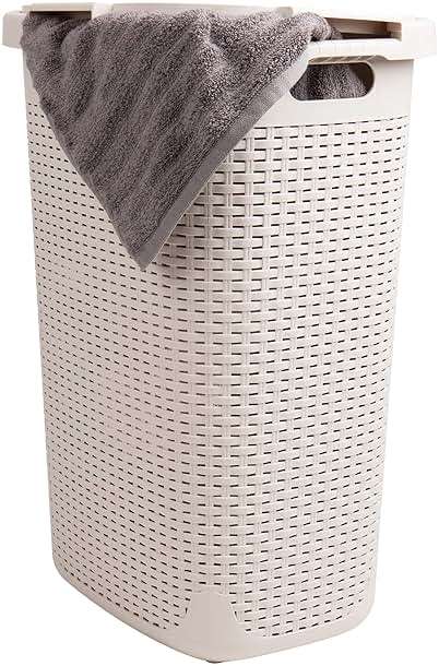 Mind Reader Slim Laundry Hamper with Lid, 60L Tall Clothes Basket, Narrow Tapered Design for Bathrooms, Closets and Laundry Rooms, Plastic, Ivory - Image 1
