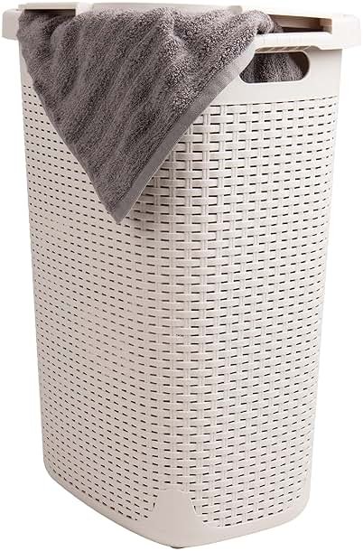 Mind Reader Slim Laundry Hamper with Lid, 60L Tall Clothes Basket, Narrow Tapered Design for Bathrooms, Closets and Laundry Rooms, Plastic, Ivory - Product Image