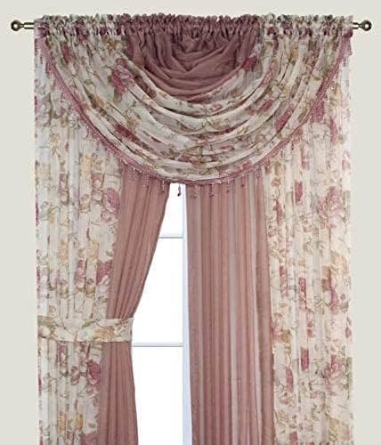 Sapphire Home Sheer Curtains - Two Tone 4 Panels Set w/Valance & Tiebacks, 55"x84", Lightweight Light-Filtering Window Curtain for Living Room, Bedroom, Kitchen, Dining Room - Floral Rose/Brown - Product Image