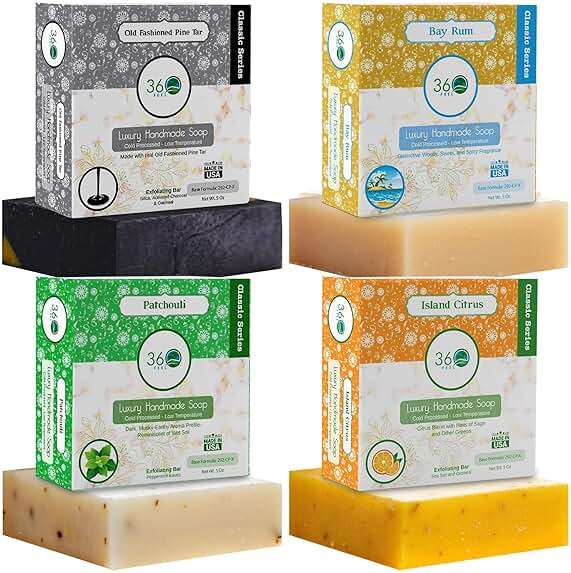 360Feel Mens Bar Soap - Made in the USA - Castile Handmade All Natural Cold Processed - Includes 4 Bold Masculine Scents: Bay Rum, Pine Tar Black Soap bar, Patchouli & Island Citrus (5oz, 4-Pack) - Image 1