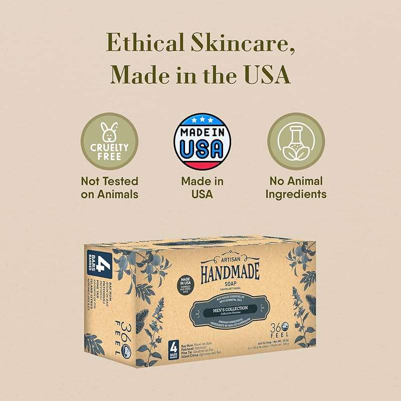 360Feel Mens Bar Soap - Made in the USA - Castile Handmade All Natural Cold Processed - Includes 4 Bold Masculine Scents: Bay Rum, Pine Tar Black Soap bar, Patchouli & Island Citrus (5oz, 4-Pack) - Image 2
