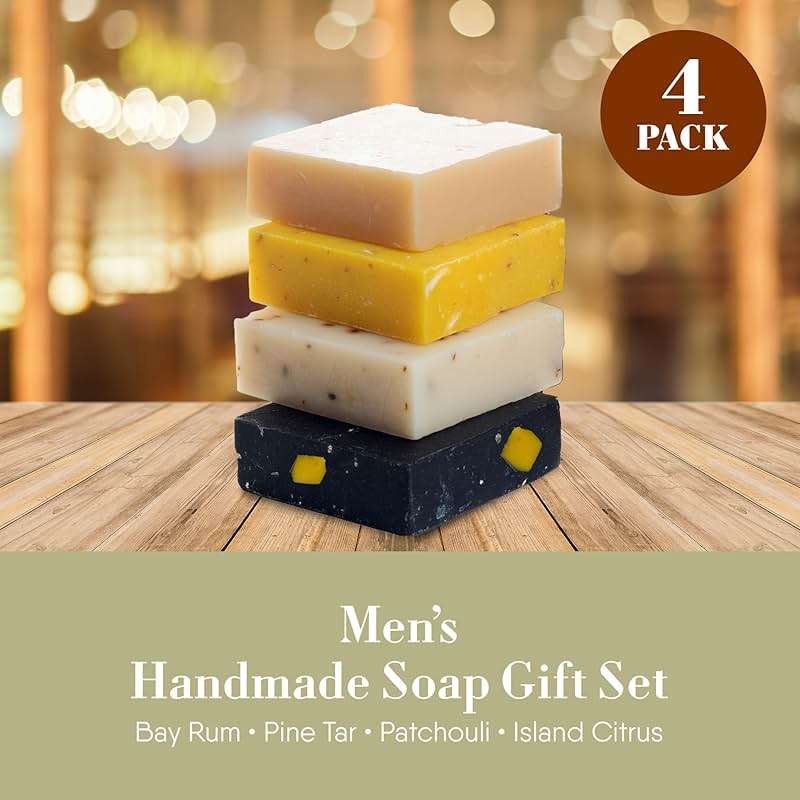 360Feel Mens Bar Soap - Made in the USA - Castile Handmade All Natural Cold Processed - Includes 4 Bold Masculine Scents: Bay Rum, Pine Tar Black Soap bar, Patchouli & Island Citrus (5oz, 4-Pack) - Image 7