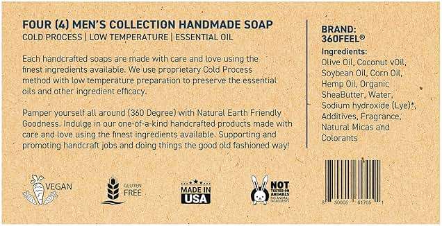 360Feel Mens Bar Soap - Made in the USA - Castile Handmade All Natural Cold Processed - Includes 4 Bold Masculine Scents: Bay Rum, Pine Tar Black Soap bar, Patchouli & Island Citrus (5oz, 4-Pack) - Image 8
