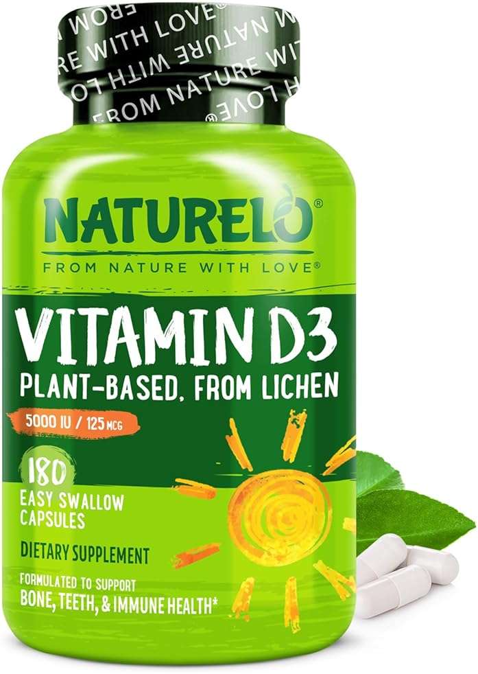 NATURELO Vitamin D - 5000 IU - Plant Based from Lichen - Natural D3 Supplement for Immune System, Bone Support, Joint Health - High Potency - Vegan - Non-GMO - Gluten Free - 180 Capsules - Image 1