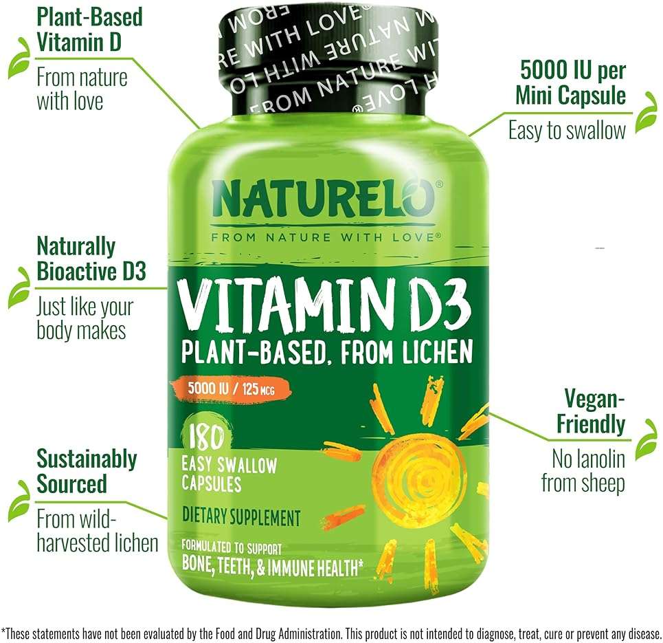 NATURELO Vitamin D - 5000 IU - Plant Based from Lichen - Natural D3 Supplement for Immune System, Bone Support, Joint Health - High Potency - Vegan - Non-GMO - Gluten Free - 180 Capsules - Image 2