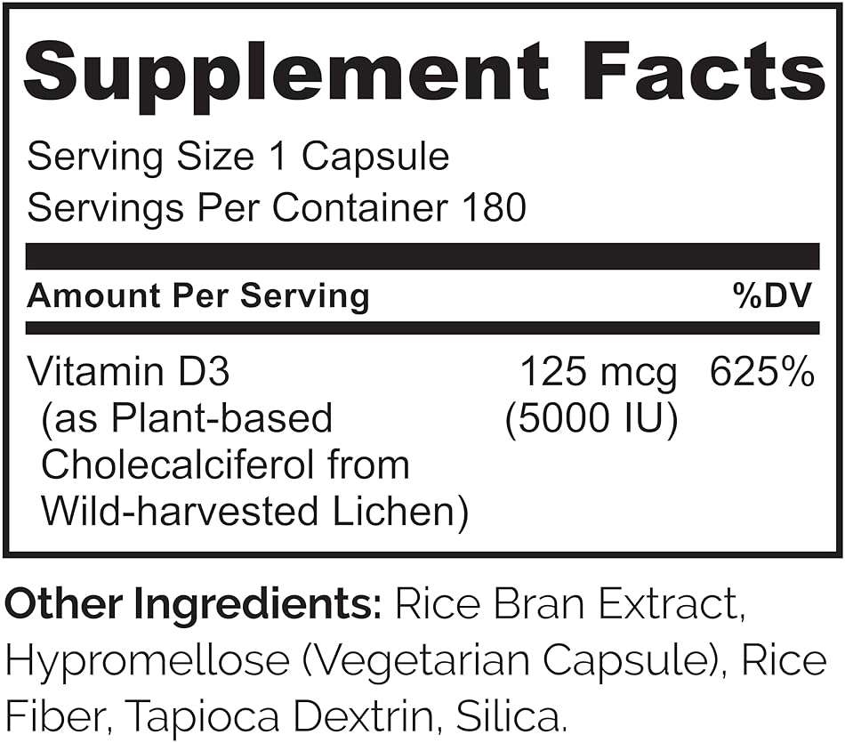 NATURELO Vitamin D - 5000 IU - Plant Based from Lichen - Natural D3 Supplement for Immune System, Bone Support, Joint Health - High Potency - Vegan - Non-GMO - Gluten Free - 180 Capsules - Image 9