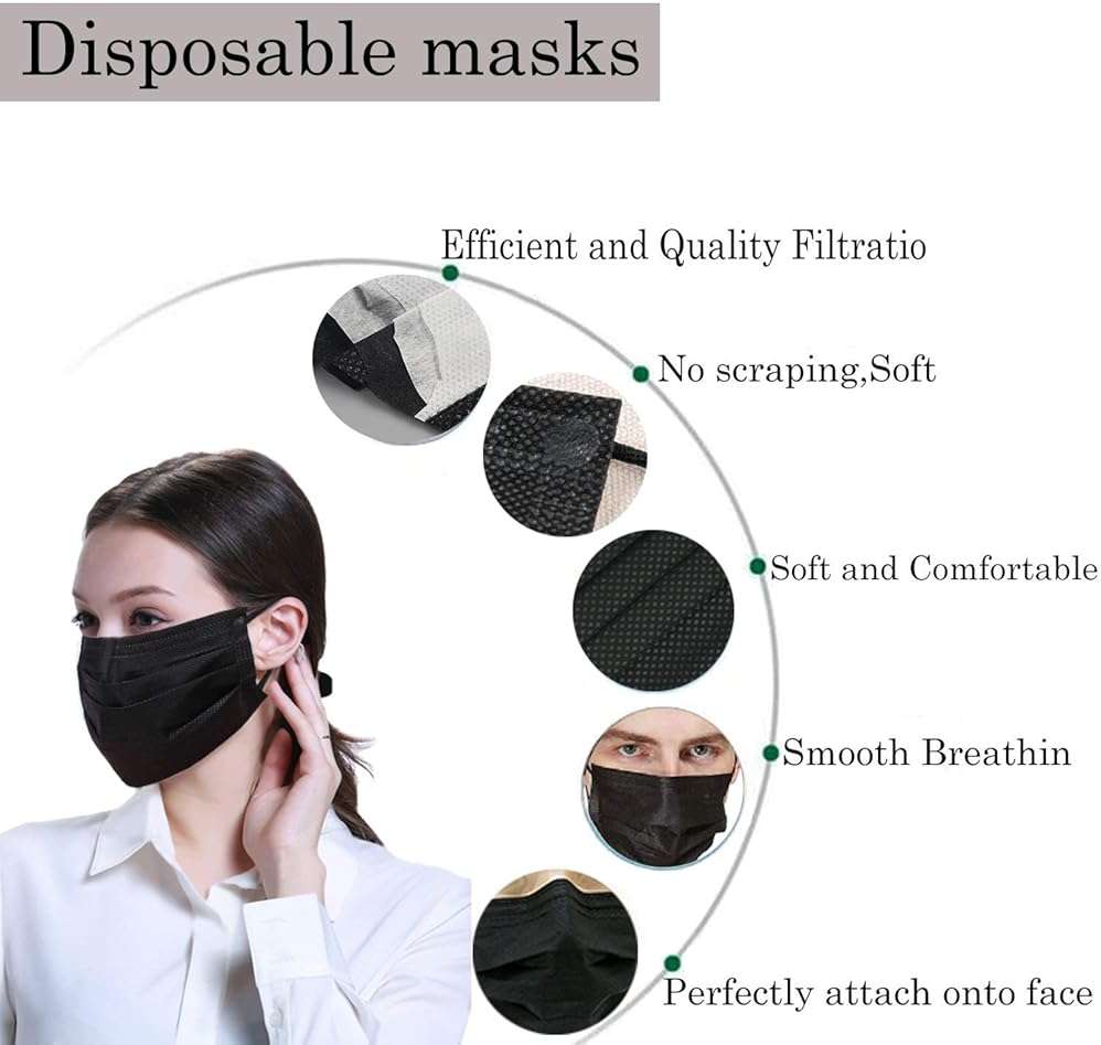 Wecolor 100 PCS Black Masks, Disposable Face Mask, 3 Ply Protection Masks - Image 3