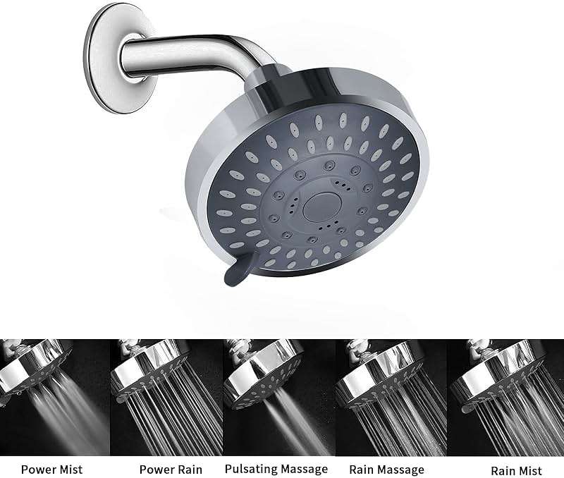 Aisoso Shower Head High Pressure Rain Fixed Showerhead 5-Setting with Adjustable Metal Swivel Ball Joint - Relaxed Shower Experience Even at Low Water Flow & Pressure - Image 5