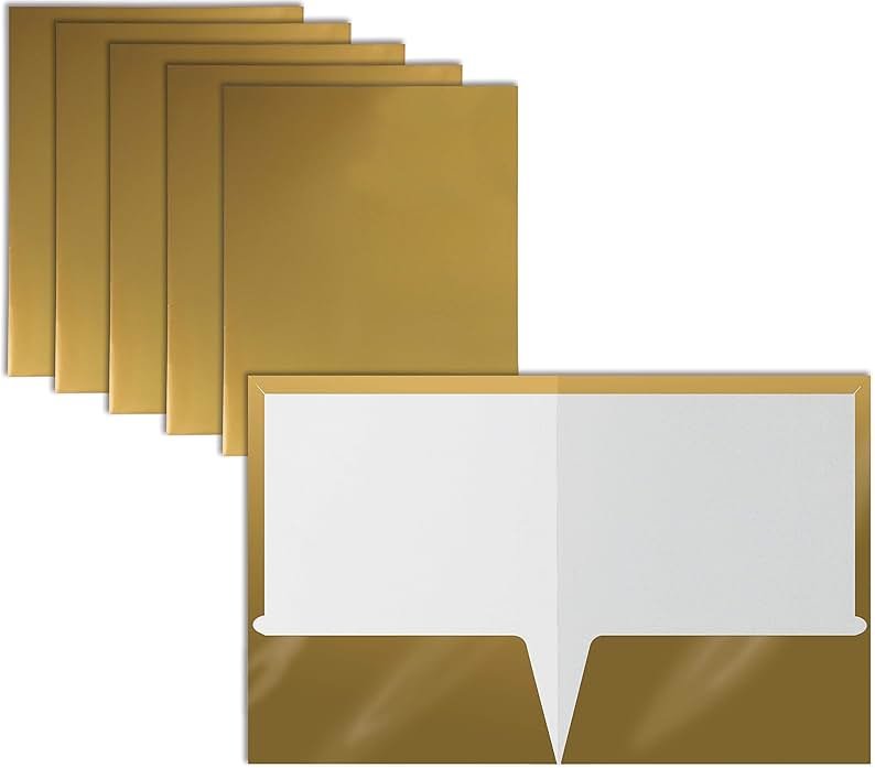 Better Office Products 2 Pocket Glossy Laminated Metallic Gold Paper Folders, Letter Size, 25 Pack, Paper Portfolios Box of 25 - Product Image