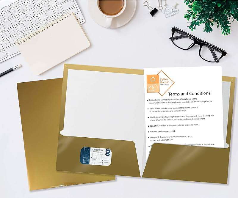 Better Office Products 2 Pocket Glossy Laminated Metallic Gold Paper Folders, Letter Size, 25 Pack, Paper Portfolios Box of 25 - Image 3