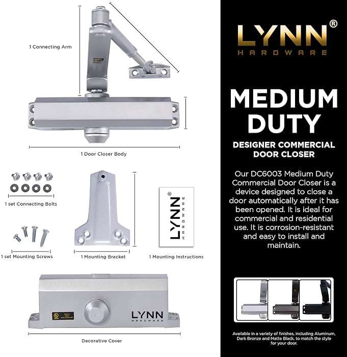 LYNN HARDWARE Medium Duty Automatic Door Closer (Silver) - Highly Durable Cast Aluminum, Commercial or Home Use, Adjustable Speed Controls, 3 Mounting Options, 3 Hour Fire Rated (DC6003 Model) - Image 3
