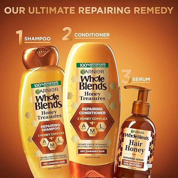 Garnier Whole Blends Honey Treasures Repairing Shampoo and Conditioner Set for Dry, Damaged Hair, 22 Fl Oz (2 Items), 1 Kit (Packaging May Vary) - Image 8