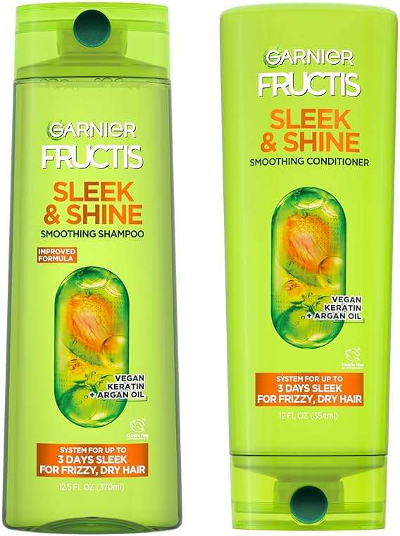 Garnier Fructis Sleek & Shine Shampoo and Conditioner Set for Dry, Frizzy Hair, Up to 72 Hours of Frizz Control, Smooths Flyaways & Boosts Shine, 22 + 21 Fl Oz (Packaging May Vary) - Image 1