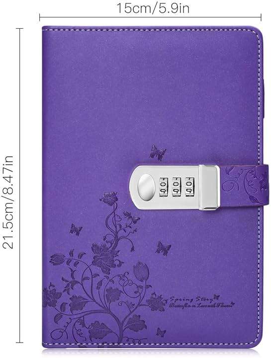 ARRLSDB PU Leather Journal with Lock, A5 Size Diary with Combination Lock Password Notebook Locking Personal Diary (Purple) - Image 2