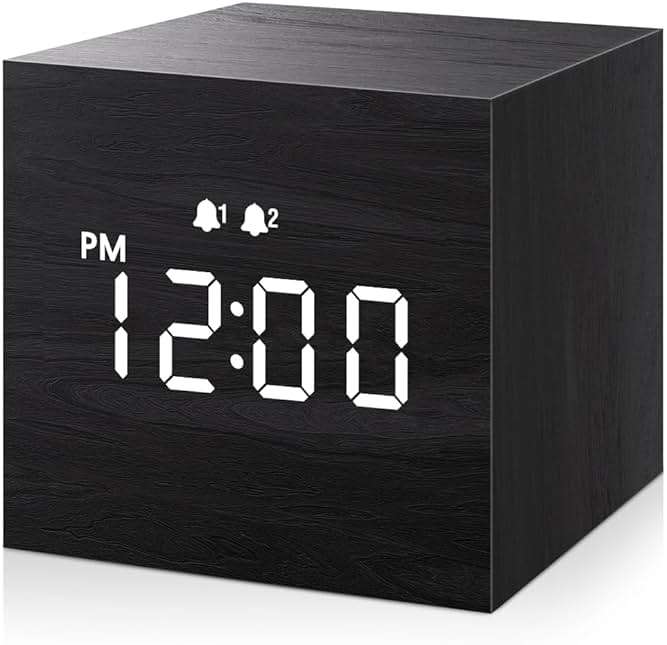 JALL Digital Alarm Clock, with Wooden Electronic LED Time Display, 3 Alarm, 2.5-inch Cubic Small Mini Wood Made Electric Clocks for Bedroom, Bedside, Desk, Black - Image 1