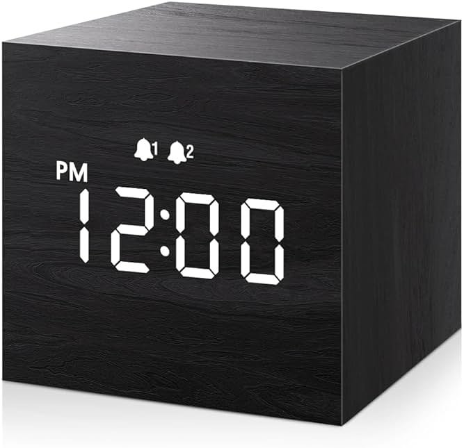 JALL Digital Alarm Clock, with Wooden Electronic LED Time Display, 3 Alarm, 2.5-inch Cubic Small Mini Wood Made Electric Clocks for Bedroom, Bedside, Desk, Black - Product Image