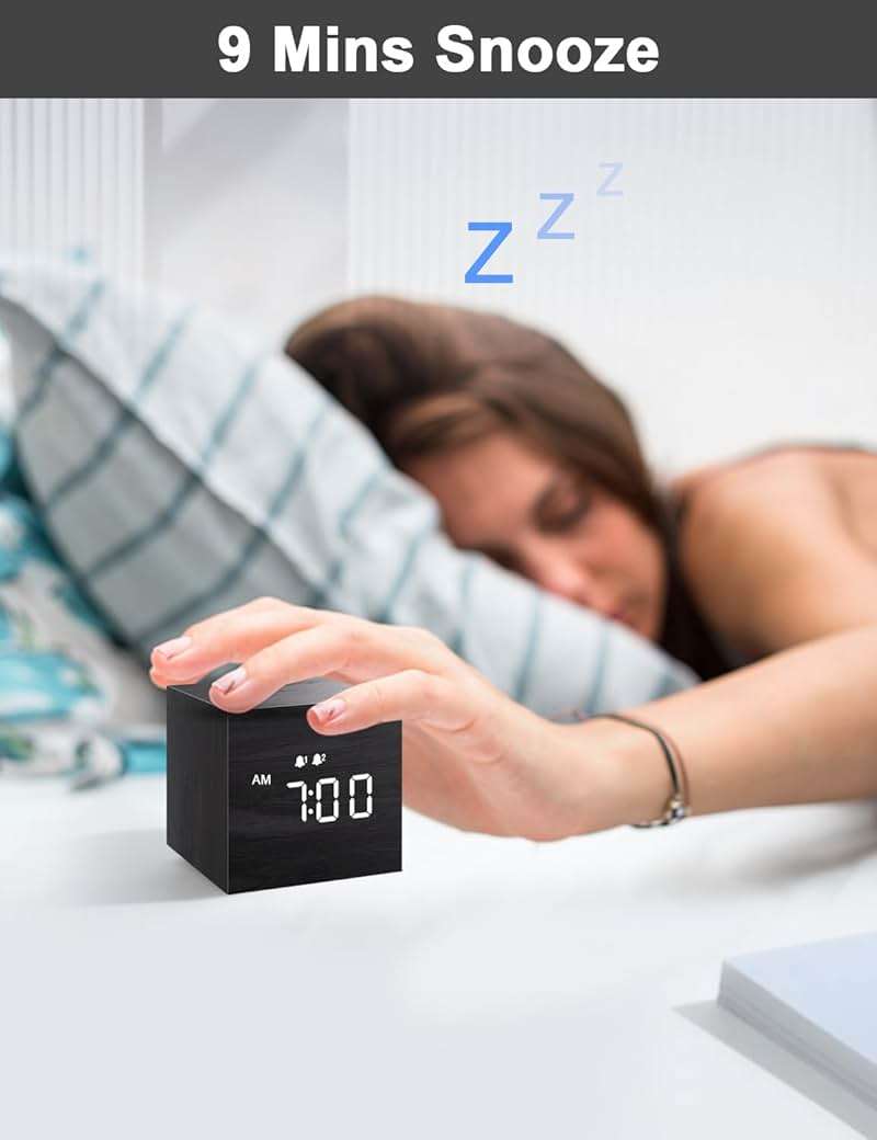 JALL Digital Alarm Clock, with Wooden Electronic LED Time Display, 3 Alarm, 2.5-inch Cubic Small Mini Wood Made Electric Clocks for Bedroom, Bedside, Desk, Black - Image 3