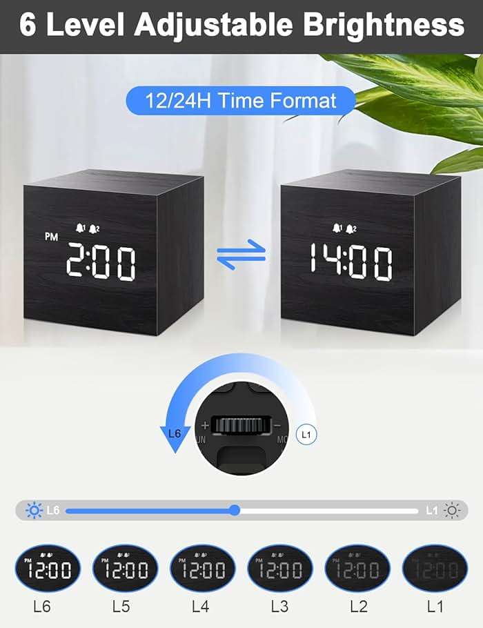 JALL Digital Alarm Clock, with Wooden Electronic LED Time Display, 3 Alarm, 2.5-inch Cubic Small Mini Wood Made Electric Clocks for Bedroom, Bedside, Desk, Black - Image 5