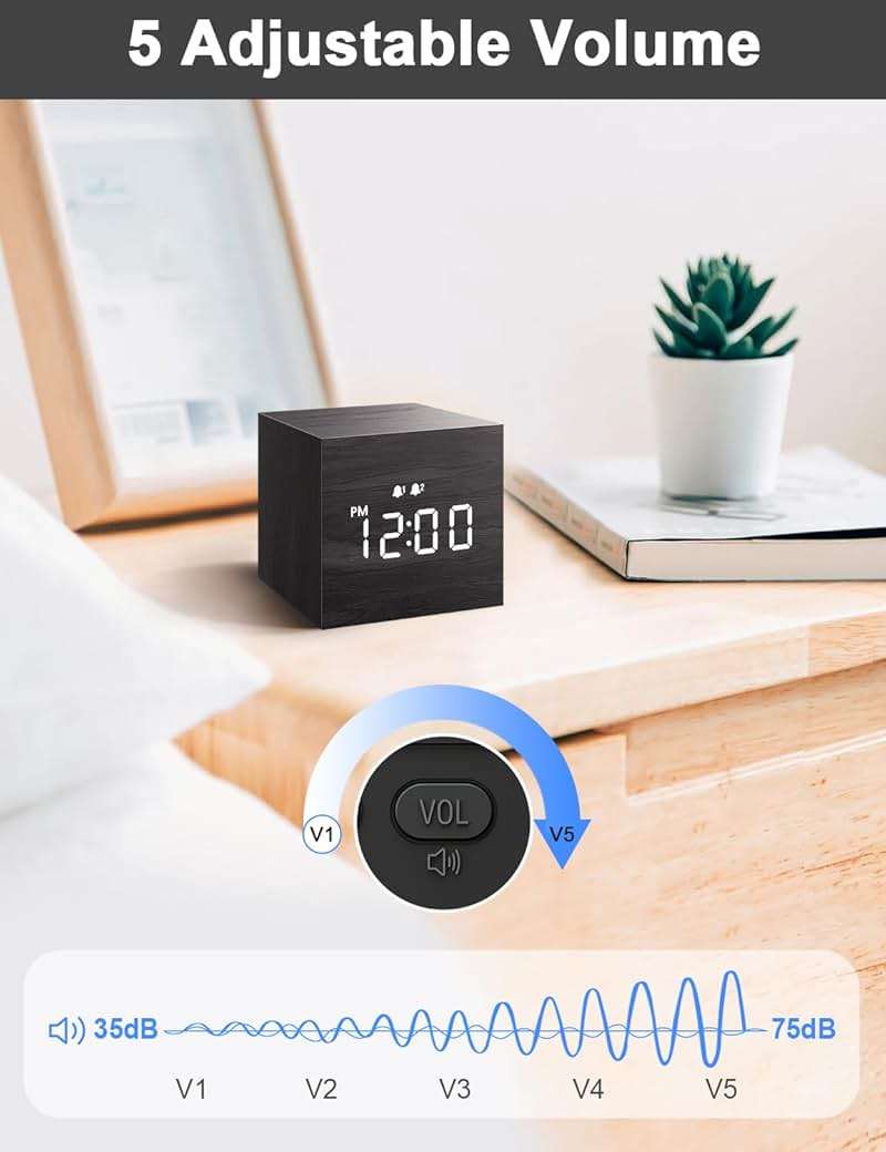 JALL Digital Alarm Clock, with Wooden Electronic LED Time Display, 3 Alarm, 2.5-inch Cubic Small Mini Wood Made Electric Clocks for Bedroom, Bedside, Desk, Black - Image 6