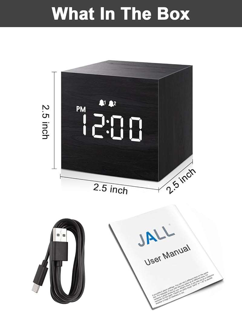 JALL Digital Alarm Clock, with Wooden Electronic LED Time Display, 3 Alarm, 2.5-inch Cubic Small Mini Wood Made Electric Clocks for Bedroom, Bedside, Desk, Black - Image 7
