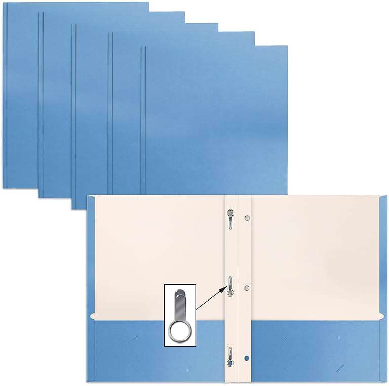 Better Office Products Light Blue Paper 2 Pocket Folders with Prongs, 50 Pack, Matte Texture, Letter Size Paper Folders, 50 Pack, with 3 Metal Prong Fastener Clips, Light Blue - Image 1
