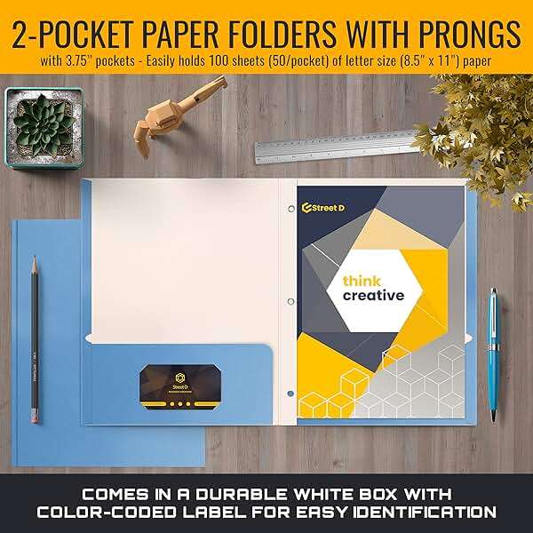 Better Office Products Light Blue Paper 2 Pocket Folders with Prongs, 50 Pack, Matte Texture, Letter Size Paper Folders, 50 Pack, with 3 Metal Prong Fastener Clips, Light Blue - Image 3