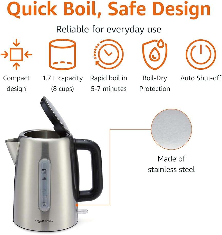Amazon Basics Electric Stainless Steel Kettle for Tea and Coffee, BPA-Free, Fast Boiling, Auto Shut-Off, Boil-Dry Protection, 1.7 Liter, 1500W, Black and Silver - Image 3