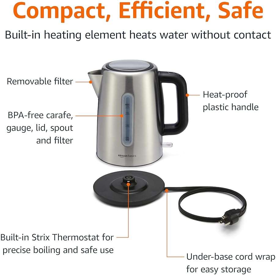 Amazon Basics Electric Stainless Steel Kettle for Tea and Coffee, BPA-Free, Fast Boiling, Auto Shut-Off, Boil-Dry Protection, 1.7 Liter, 1500W, Black and Silver - Image 4