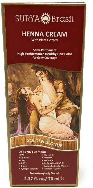 Surya Brasil Henna Cream Golden Blonde - 98% Natural Ingredients, Vegan, Cruelty-Free, Eco-Friendly, Semi-Permanent Hair Color, Deep Hydration & Shine, 2.37 oz - Product Image