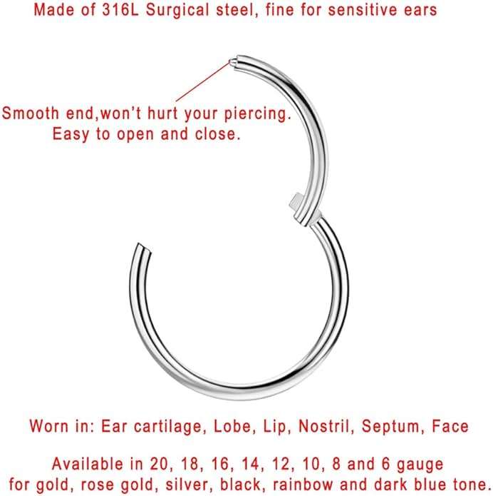 FANSING Men Women 316L Surgical Steel Hinged Nose Rings Hoop for Nostril Septum Cartilage Helix Daith Tragus Rook Conch Lip Ear Lobe Piercings - Image 2