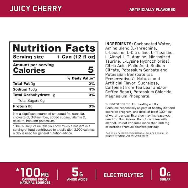 Optimum Nutrition Amino Energy Sparkling Hydration Drink, Electrolytes, Caffeine, Amino Acids, BCAAs, Sugar Free, Juicy Cherry, 12 Fl Oz, 12 Pack (Packaging May Vary) - Image 2