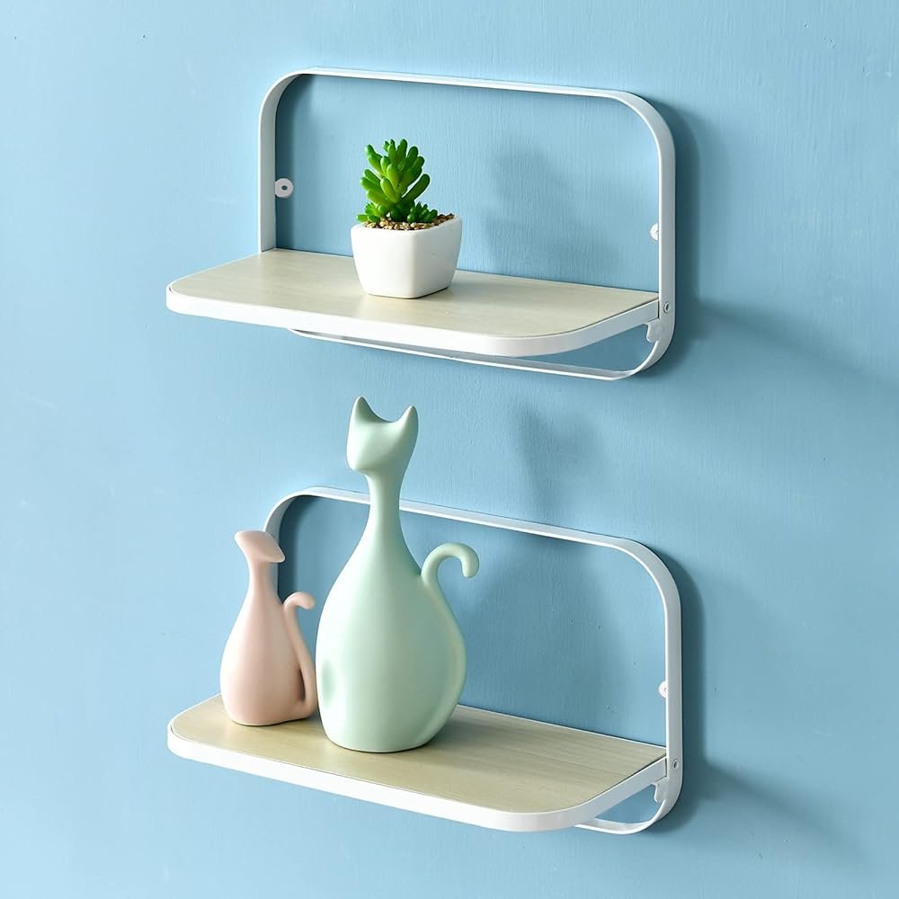WELLAND Arlington Floating Shelves Set of 2 | Folding Display Wall Shelves | Walnut Grain Wooden Board & Metal Frame | 12" W x 5" D x 7" H | White (Upgraded) - Product Image