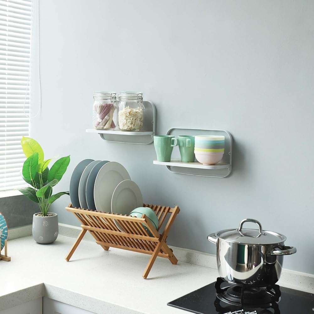 WELLAND Arlington Floating Shelves Set of 2 | Folding Display Wall Shelves | Walnut Grain Wooden Board & Metal Frame | 12" W x 5" D x 7" H | White (Upgraded) - Image 7