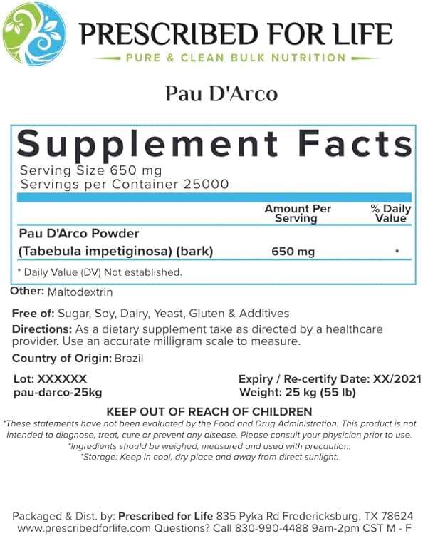 Prescribed For Life PAU D'Arco Powder | Taheebo Fine Bark Powder for PAU D'Arco Tea | Natural, Gluten Free, Vegan, Non-GMO, Soy Free | Tabebuia impetiginosa (1 kg / 2.2 lb) - Image 2