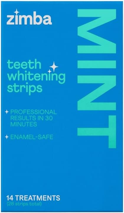 Zimba Teeth Whitening Strips Vegan Whitening Strip Enamel Safe Teeth Whitening Hydrogen Peroxide Teeth Whitener for Coffee, Wine, Tobacco, and Other Stains, 28 Strips (14 Day Treatment), Mint - Product Image