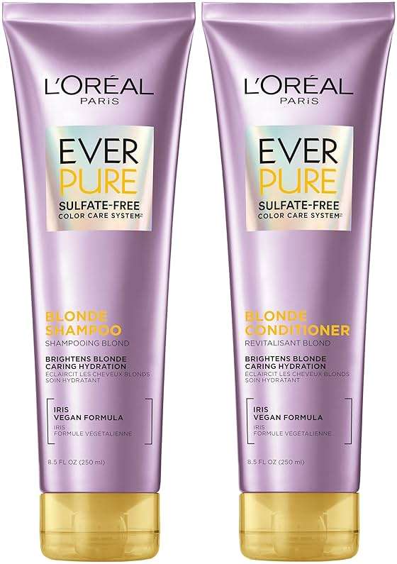 L'Oreal Paris Blonde Sulfate Free Shampoo and Conditioner for Color-Treated Hair, Neutralizes Brass + Balances, EverPure, 8.5 Fl Oz, Set of 2 - Image 1