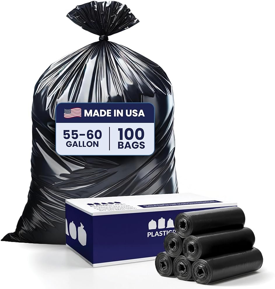 Plasticplace 55-60 Gallon Trash Bags │ 1.0 Mil │ Black Heavy Duty Garbage Can Liners │ 38” x 58” (100 Count) - Product Image