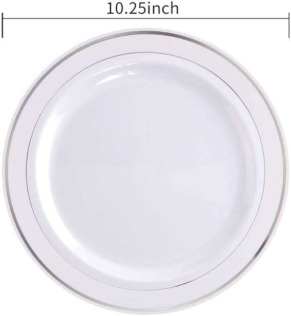 bUCLA 100Pieces Silver Plastic Plates - 10.25inch Silver Rim Disposable Dinner Plates - Ideal for Weddings, Parties - Image 3
