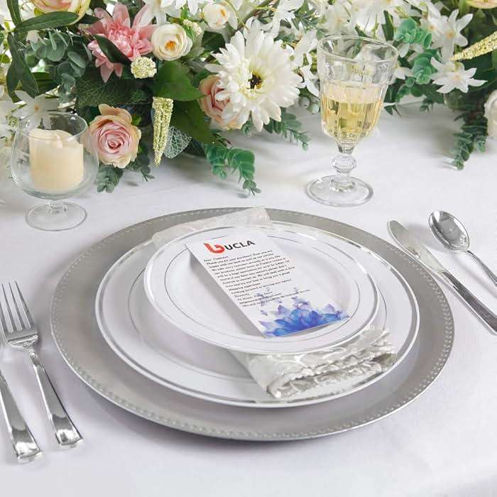 bUCLA 100Pieces Silver Plastic Plates - 10.25inch Silver Rim Disposable Dinner Plates - Ideal for Weddings, Parties - Image 4