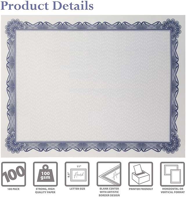 Better Office Products 100 Sheet Diploma Certificate Paper, Blue Border, Letter Size Blank Paper, Specialty Award, Laser and Inkjet Printer Friendly, 8.5 x 11 Inches, 100 Count - Image 4