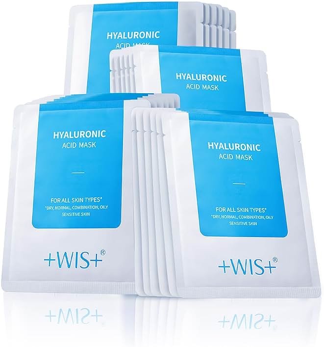 +WIS+ Hyaluronic Acid Face Mask 24 EA with Hyaluronic Acid Serum and Vitamin B5, Facial Mask for Dry Skin, Anti-Aging Mask to Plump and Repair Dehydrated Skin, Safe on Sensitive Skin,gifts for women - Product Image